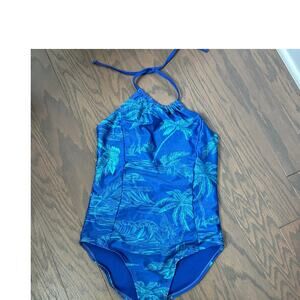 Oasis Tropical Palm Swimsuit Girls Blue Halter One Piece Bathing Suit